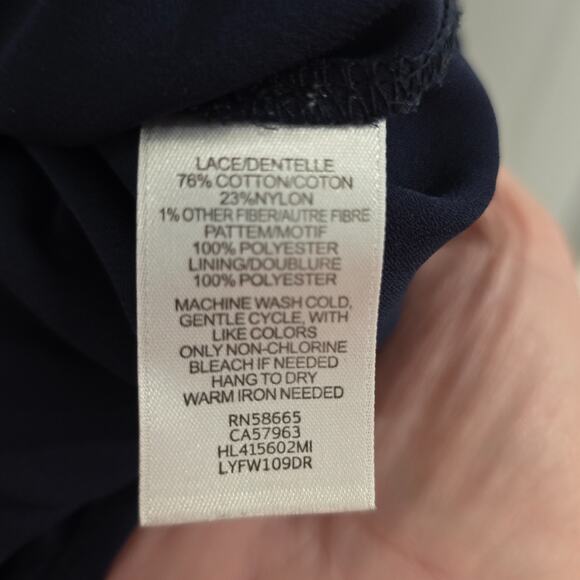 Chelsea28 Dress Lacy Sheath Midi Ruffle Hem Navy Blue Gauze Eyelet Size Large - Picture 10 of 10